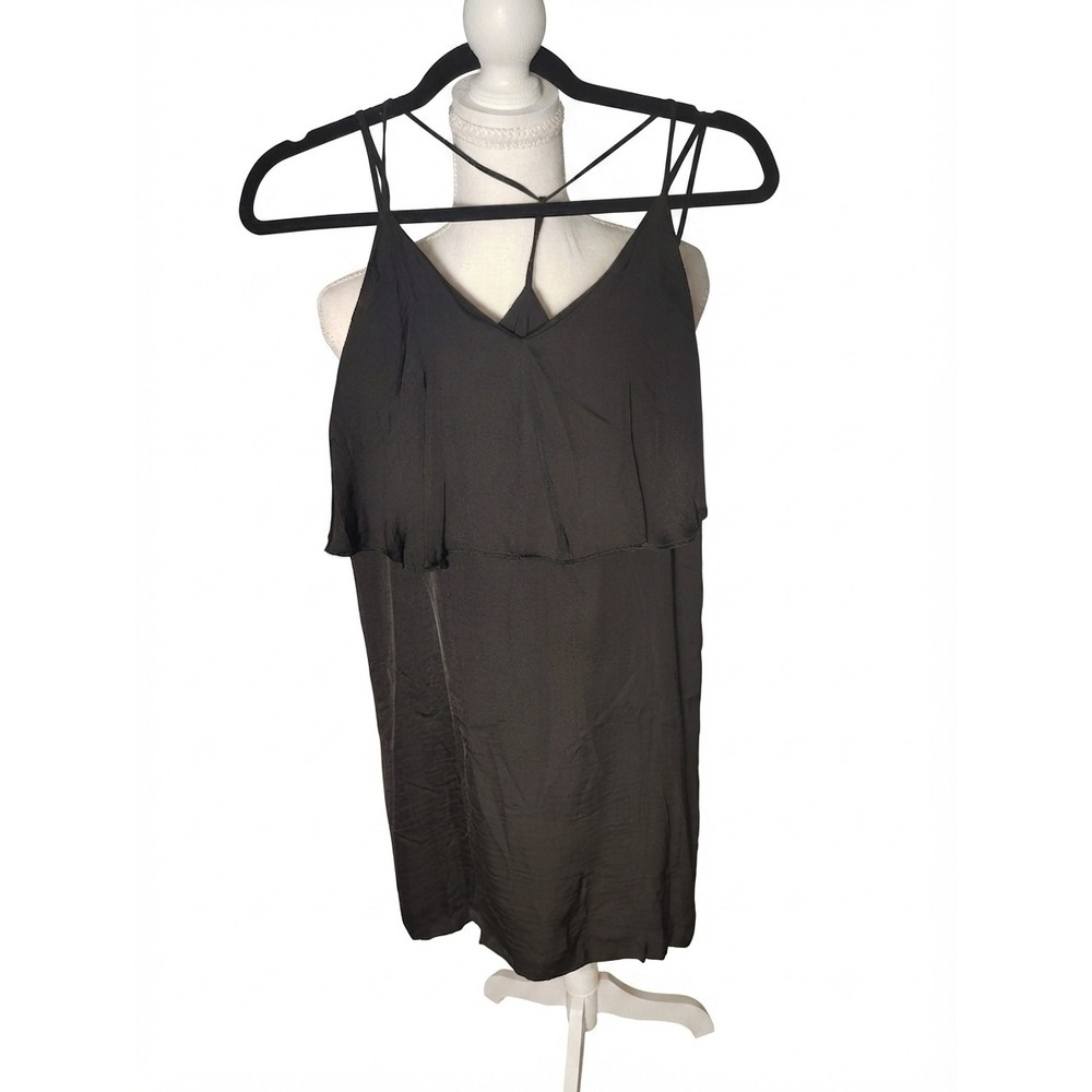 Black Strappy Layered Ruffle Mini Dress Women Size S Shift Camisole 2294